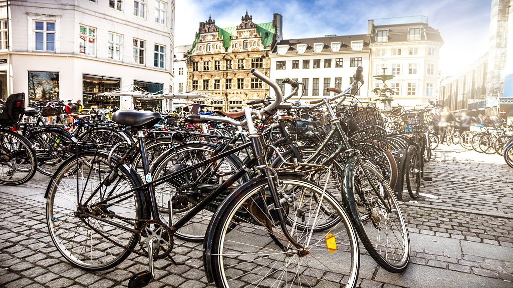Copenhagen bycicle parked in a town square