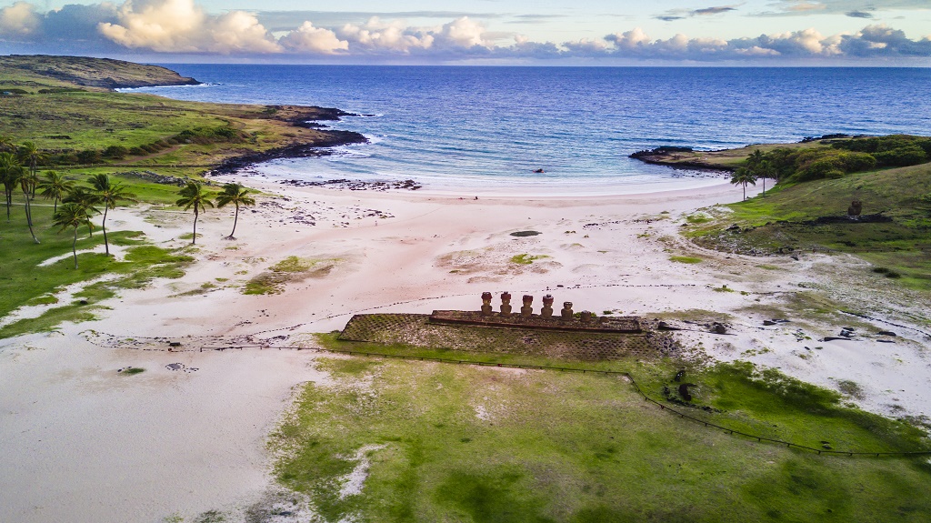 Anakena Beach from the air, an aerial view of the most famous beach at Easter Island and maybe the best one in Chile Anakena Beach from the air, an aerial view of the most famous beach at Easter Island and maybe the best one in Chile