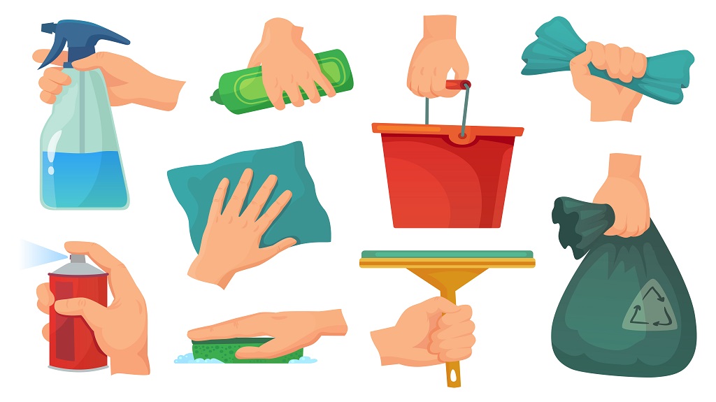 Cleaning products in hands. Hand hold detergent, housework supplies and cleanup rag cartoon vector illustration set Cleaning products in hands. Hand hold detergent, housework supplies and cleanup rag cartoon vector illustration set
