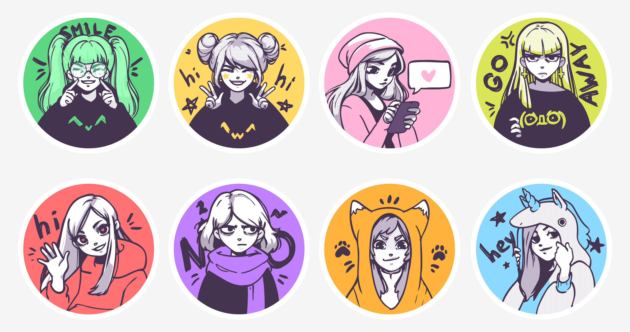 A set of cute anime girls illustrations in various clothes doing different activities with different expressions. Stickers or badges A set of cute anime girls illustrations in various clothes doing different activities with different expressions. Stickers or badges