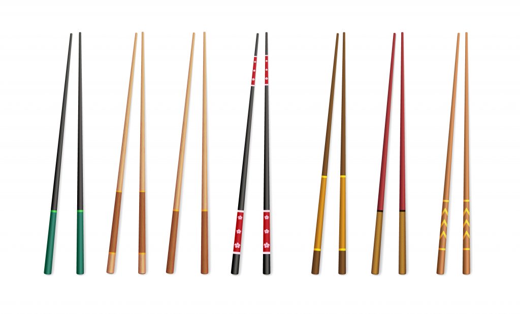 3d chopsticks. Asian traditional bamboo and plastic appliances for eating.