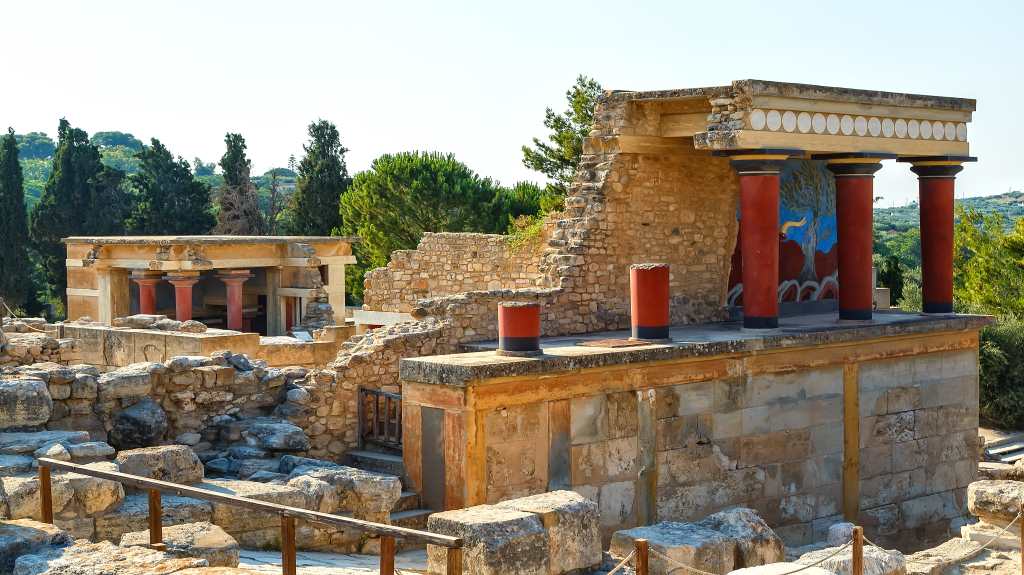 The North Entrance of the Palace with charging bull fresco in Knossos at Crete, The North Entrance of the Palace with charging bull fresco in Knossos at Crete,