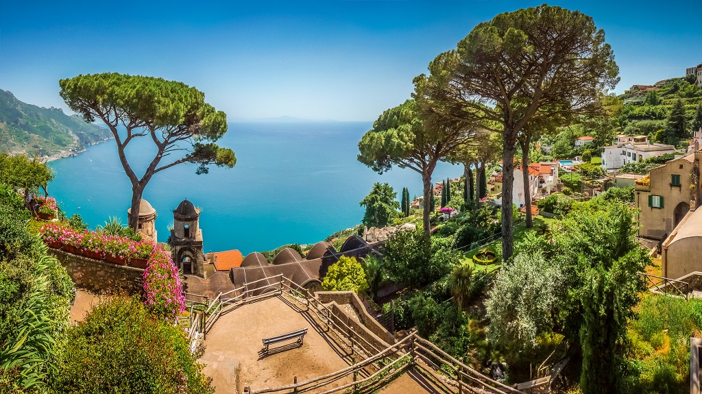 Amalfi Coast from Villa Rufolo gardens in Ravello, Campania, Italy Amalfi Coast from Villa Rufolo gardens in Ravello, Campania, Italy