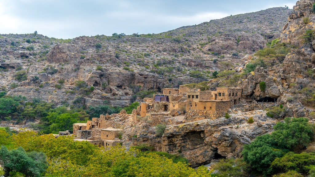 View of ruins of an abandoned village at the Wadi Bani Habib at the Jebel Akhdar mountain in Oman.