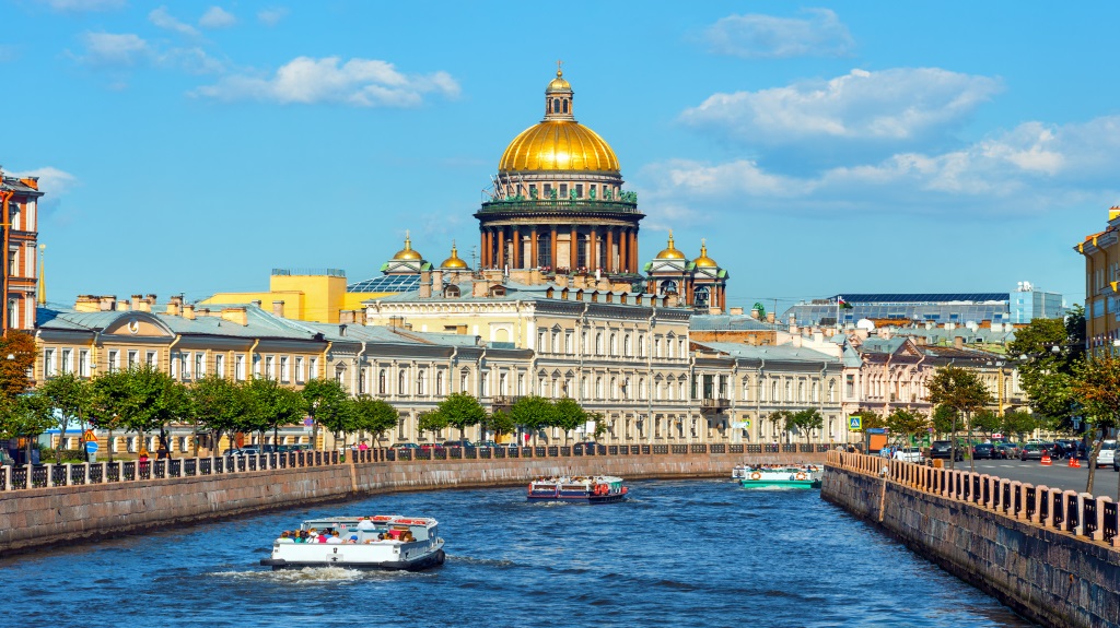 St Isaac’s Cathedral across Moyka river, St Petersburg, Russia