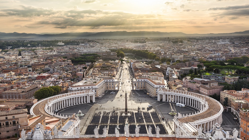 Sunrise over the Vatican with sunbeams